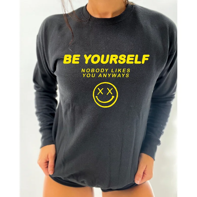 Salty Savage Unisex “BE YOURSELF, NOBODY LIKES YOU ANYWAY” Classic Crewneck Sweatshirt | Yellow Hoodie with Color Block Contrast Stylish
