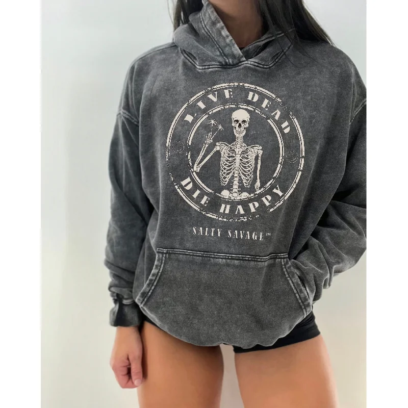 Salty Savage Unisex “LIVE DEAD, DIE HAPPY” Mineral Wash Hoodie Hoodie with Strings Custom Fit Adjustable