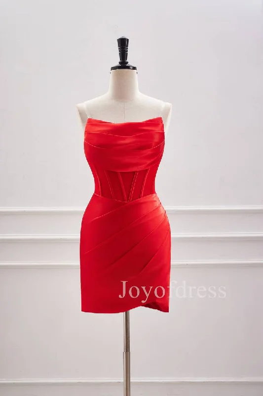 Strapless Red Lace-Up Ruched Mini Dress Trendy Button-Detail Mini Dress