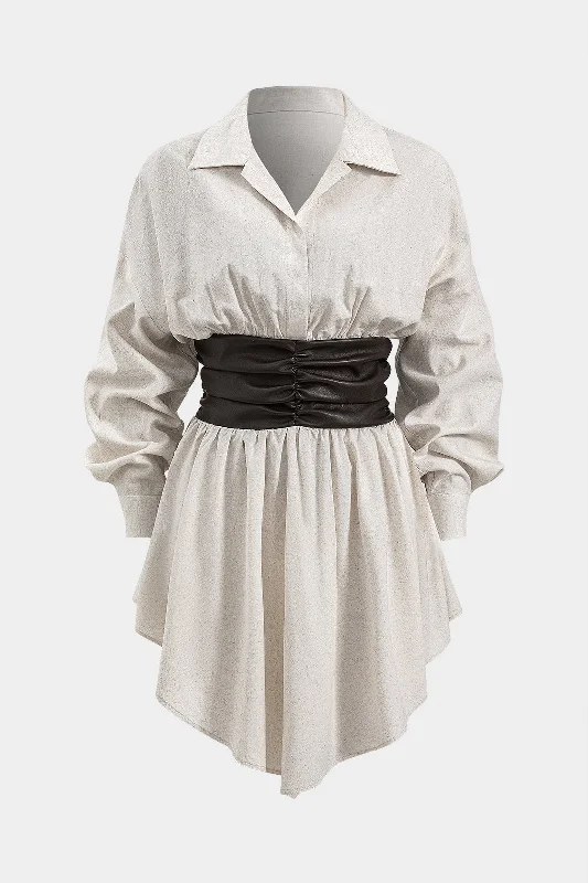 Faux Leather Linen Ruched Patchwork Long Sleeve Mini Dress Trendy A-Line Mini Dress