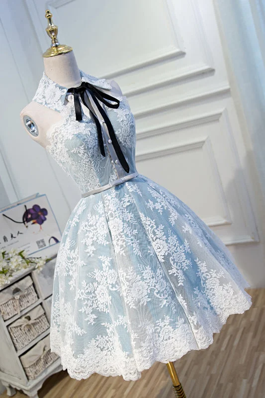 A Line Lace Appliques Halter Homecoming Dress, Short Party Dress OKN56 Tunics Floral girly A Line Lace Appliques Halter Homecoming Dress, Short Party Dress OKN56 Tunics Floral girly