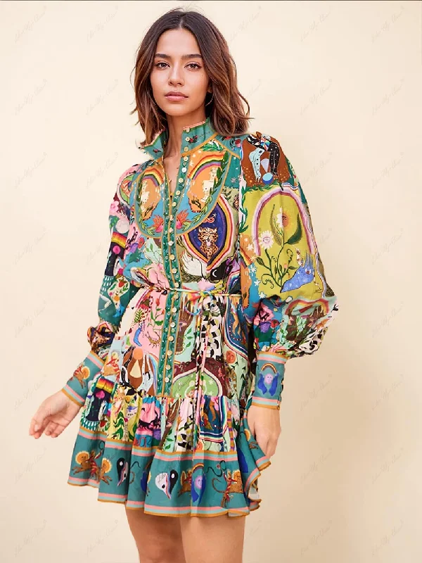 Graffiti Casual Evergreen Charming Printing Mini Dress Chic Tropical Mini Dress