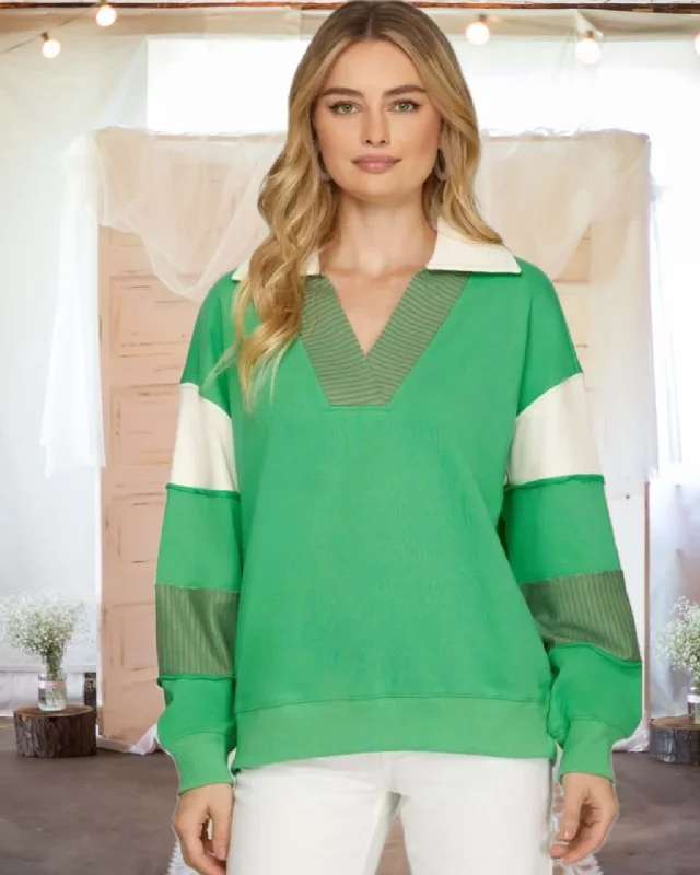 Proof Positive Color Block French Terry Sweatshirt in Green - Misses and Curvy Hoodie Crop Top Short Trendy