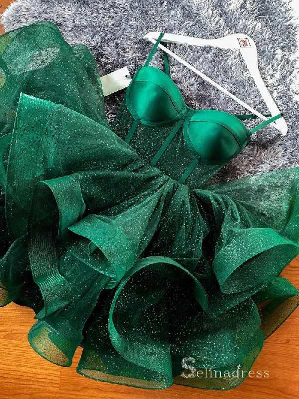 A-line Spaghetti Straps Green Short Prom Dress Homecoming Dresses Mini Dress MLK05168 Chic Puff Sleeve Mini Dress