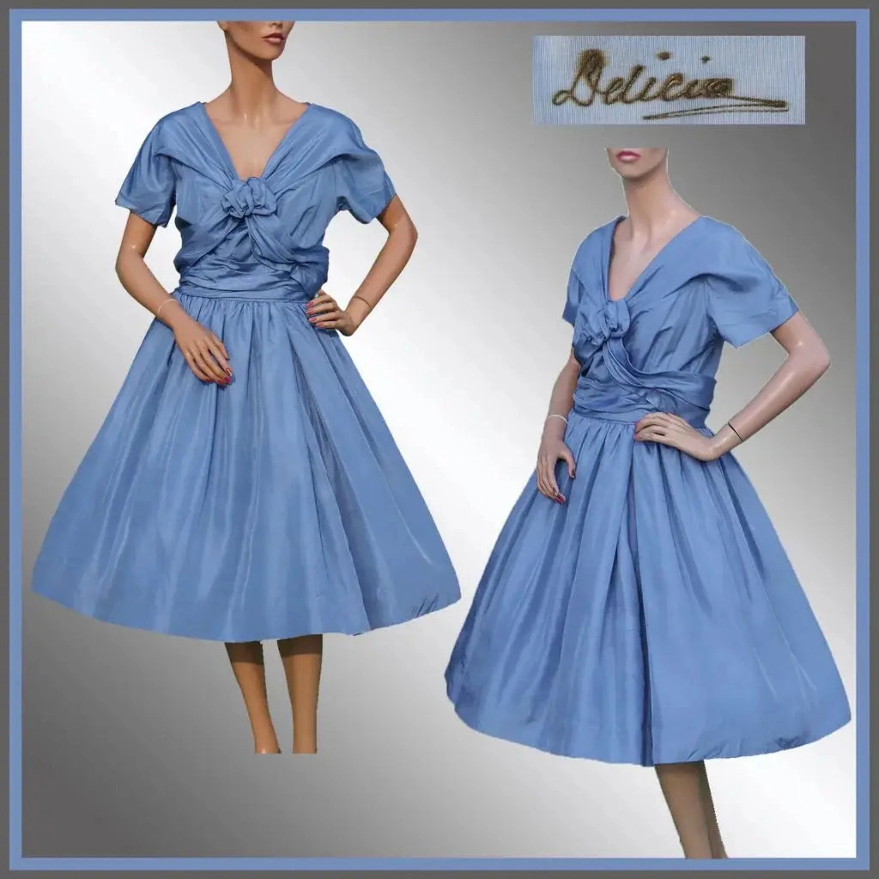 Vintage 1950s Cornflower Blue Silk Party Dress Tunics Wedding white
