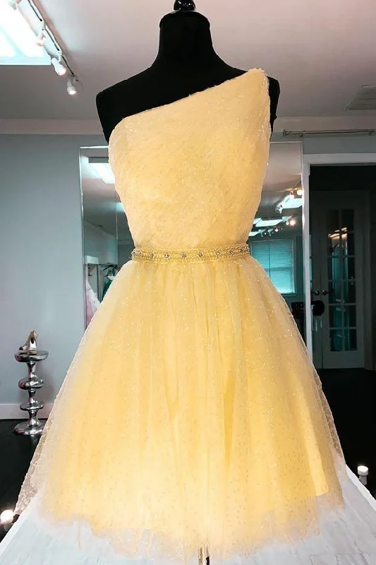 One Shoulder Yellow Party Dress A-line Tulle Beaded Homecoming Dress OKY27 Tunics Short Trendy