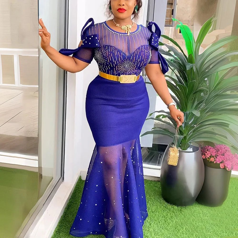 Luxury African Party Dress for Women: Elegant Diamond Cold Shoulder, Transparent Belt, Waisted Mermaid Floor-Length Dinner Night Gown Tunics Luxurious high-end Luxury African Party Dress for Women: Elegant Diamond Cold Shoulder, Transparent Belt, Waisted Mermaid Floor-Length Dinner Night Gown Tunics Luxurious high-end