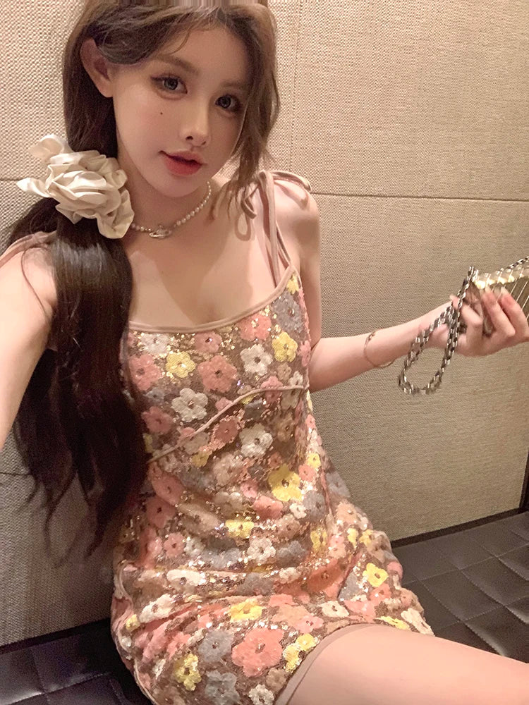 Advbridge Summer New Collection Sleeveless Sequins Floral Bandage Shoulder Strap Short Mini Dress Women Cozy A-Line Mini Dress