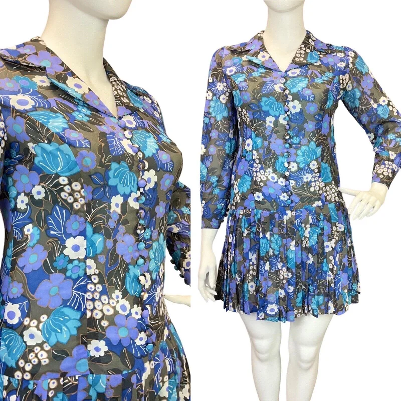 VINTAGE 60s 70s BLUE GREY BLACK FLORAL SHEER PLEATED MOD DROP-WAIST DRESS 14 16 Tunics Silk luxurious VINTAGE 60s 70s BLUE GREY BLACK FLORAL SHEER PLEATED MOD DROP-WAIST DRESS 14 16 Tunics Silk luxurious