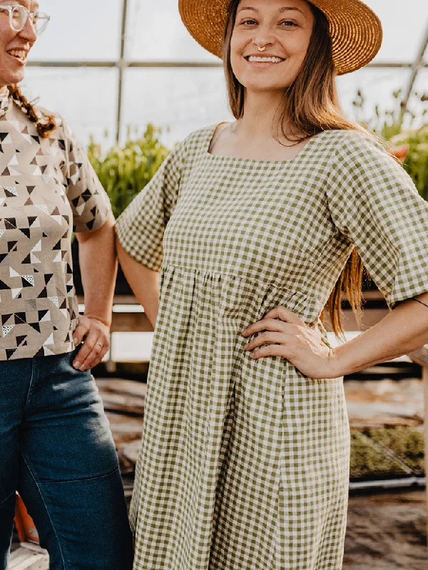 Nico Short Sleeve Mini Dress - Sage Gingham Stylish Plaid Mini Dress