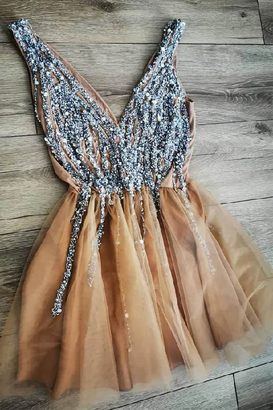 Gorgeous Gold V Neck A-line Homecoming Dress Short Party Dress with Beading OKZ79 Tunics Lace romantic