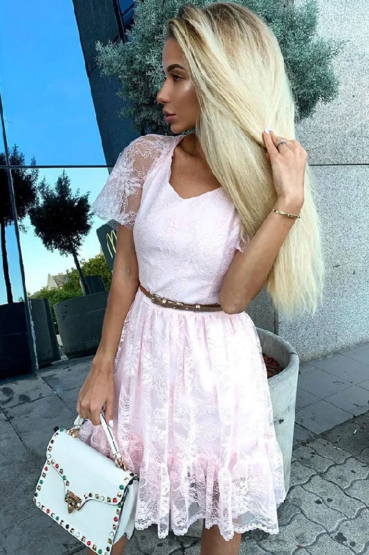 V-neck Short Sleeves Pink Lace Homecoming Party Dresses with Belt OKO67 Halter Neckline Beach