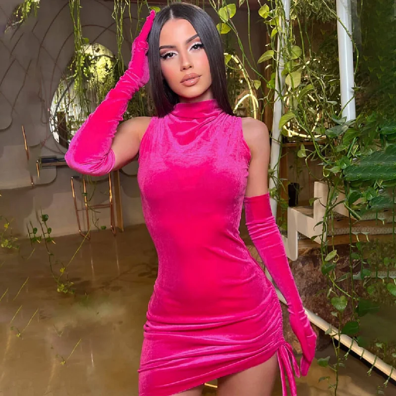 BerryBetty - High Neck Ruched Bodycon Party Mini Dress - Hot Pink Trendy Camisole Mini Dress