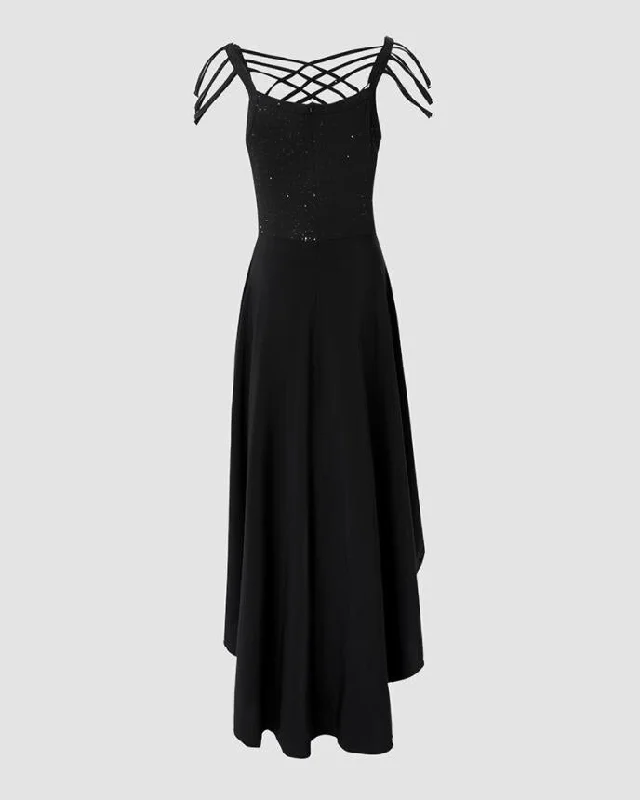 V-Neck Sleeveless Crisscross Tassel Design High Low Hem Glitter Party Dress Tunics Party sparkling