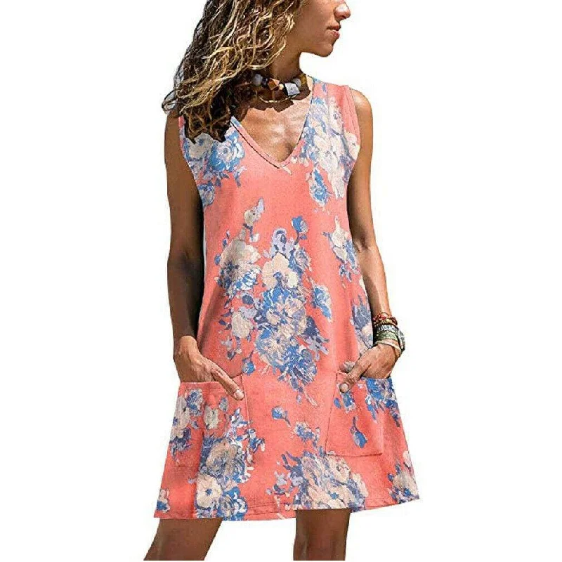 FashionSierra - New Women Casual Loose Tunic Floral Dress Ladies Casual Beach Swing Strappy Cami Pocket Summer Party Dress Sundress Turtleneck Warm Winter