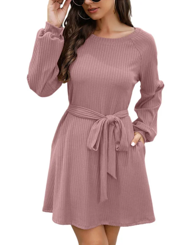Ladies Mid Length Solid Color Belted Dress Tunics Solid Classic