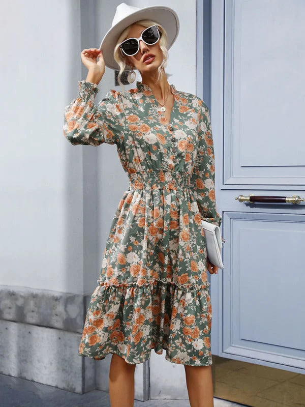 Women's temperament ruffle print retro long-sleeved dress Tunic Top Casual