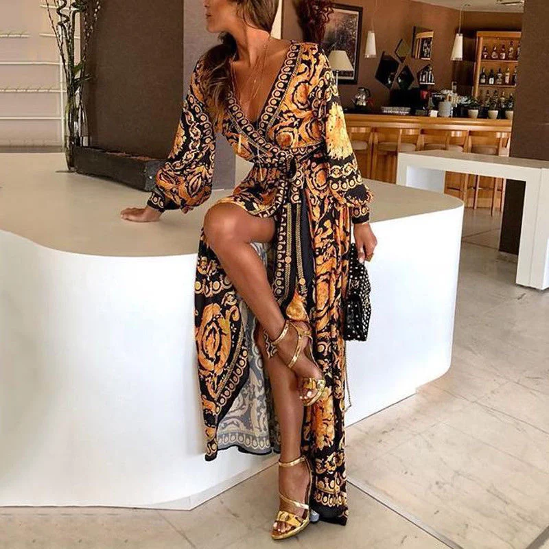 Sexy Glitter Deep V Neck Print Party Dress Tunics Leisure comfortable