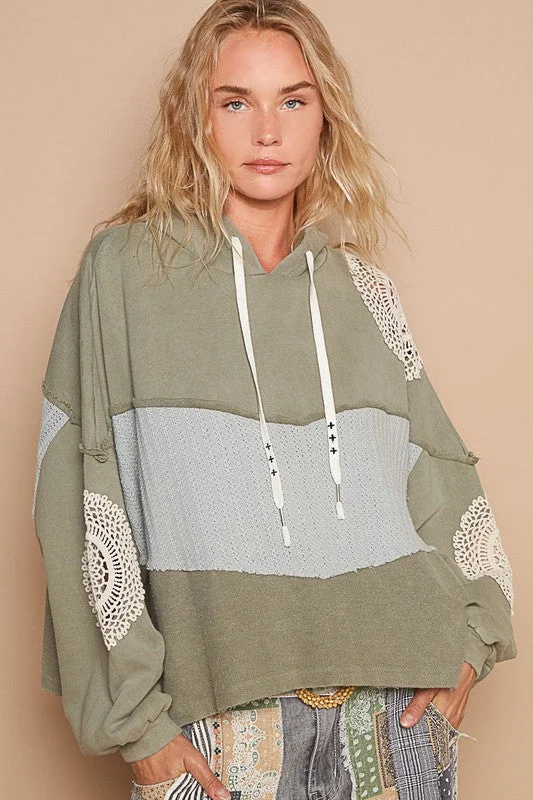 POL Openwork Contrast Dropped Shoulder Hoodie Hoodie with Ribbed Neckline Snug Warm