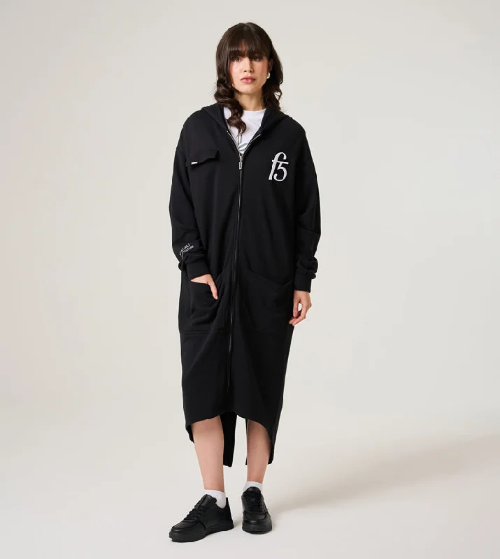 F5 ZIP-THROUGH LONGLINE HOODIE Hoodie with Hem Patch Decorative Personalized