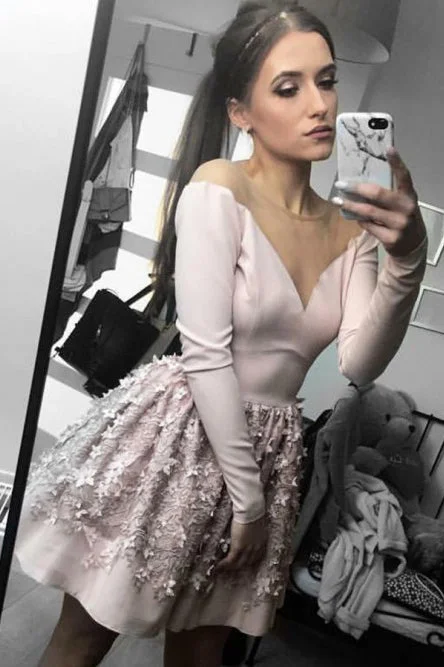 A-line Nude Long Sleeve Short Homecoming Party Dresses with Flowers OKO57 Shift Classic Vintage