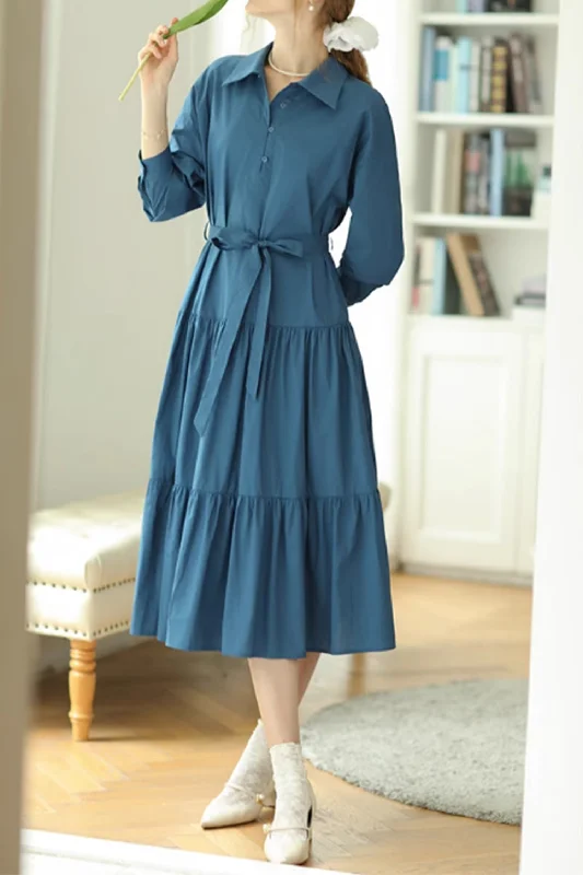 Spring blue tie belt dress women 4883 Tunics Hiking breathable
