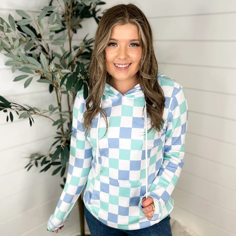 Checking In Cotton Blend Long Sleeve Blue Avery Mae Hoodie Sweatshirt Oversized Hoodie Comfort Casual