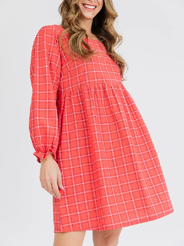 Nico Mini Dress - Red Plaid Comfortable Linen Mini Dress