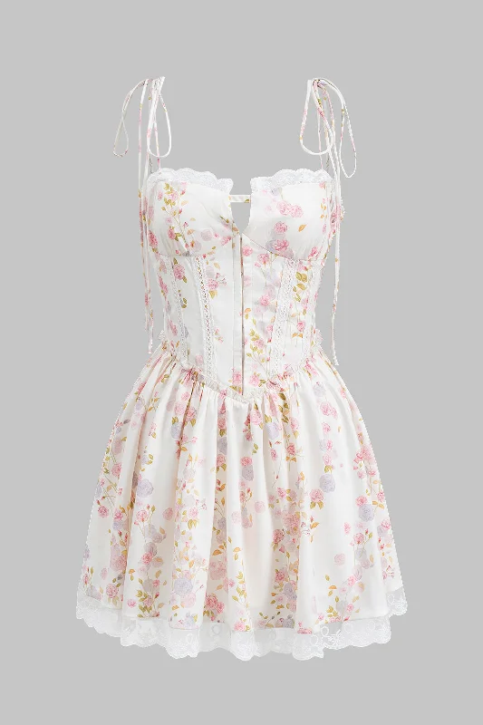 Floral Print Ruched Tie Up Zipper Corset Slip Mini Dress Cozy Wraparound Mini Dress