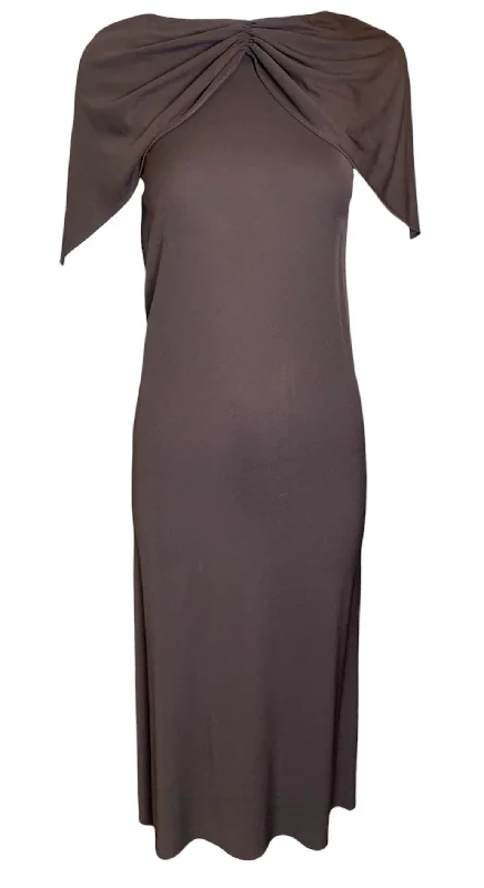 1970s Halston Brown Matte Jersey Flutter Capelet Dress Tunics Leisure comfortable