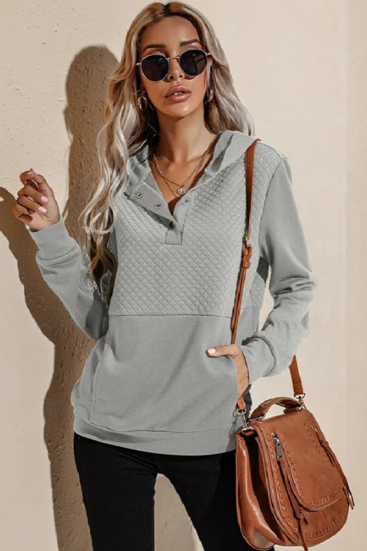 Quilted Patchwork  Button Sweatshirt Hoodie Hoodie with Drawcord Adjustable Secure