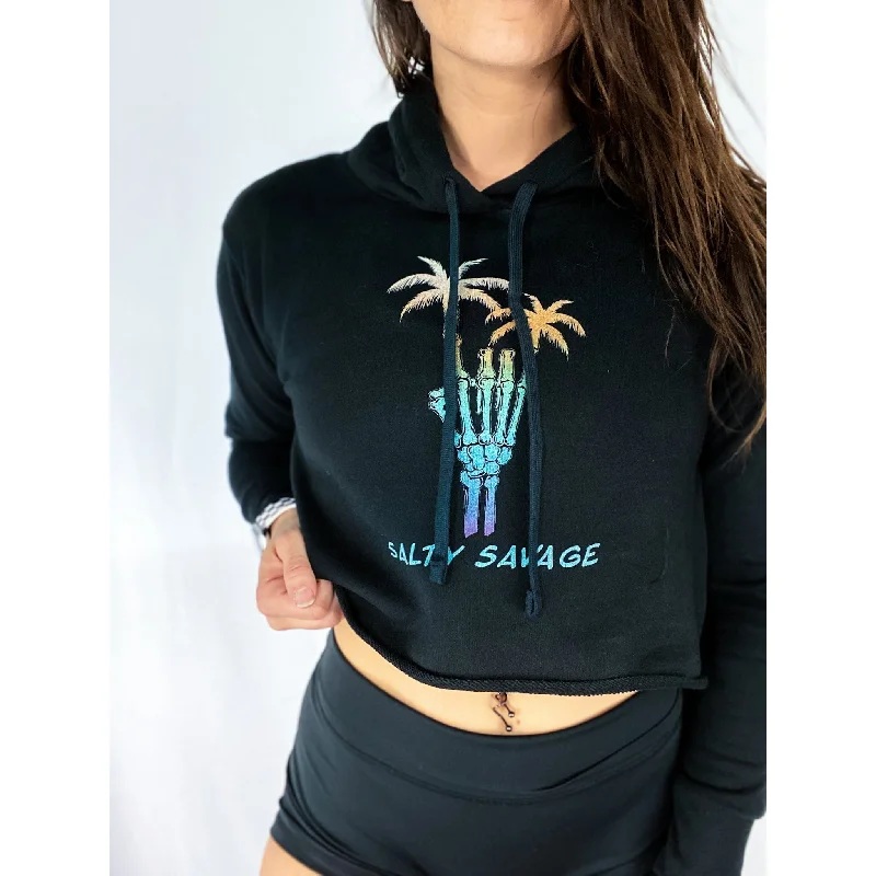 Salty Savage Ladies "Rock On" Gradient Cropped Hooded Sweatshirt | Black/Gradient Hoodie with Hood Adjustable Protection