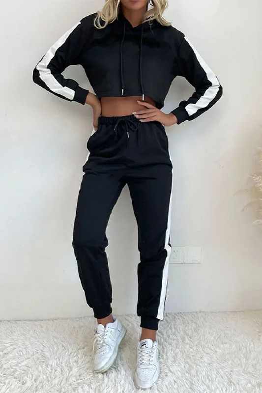 Side Stripe Cropped Hoodie and Jogger Set Hoodie with Rhinestones Sparkly Elegant