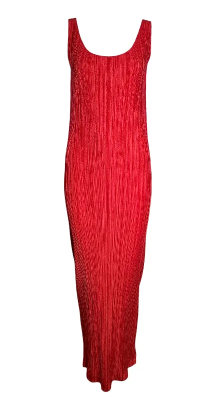 Issey Miyake 2000's Plissé Cherry Red Scoop Neck Dress Halter Neckline Beach