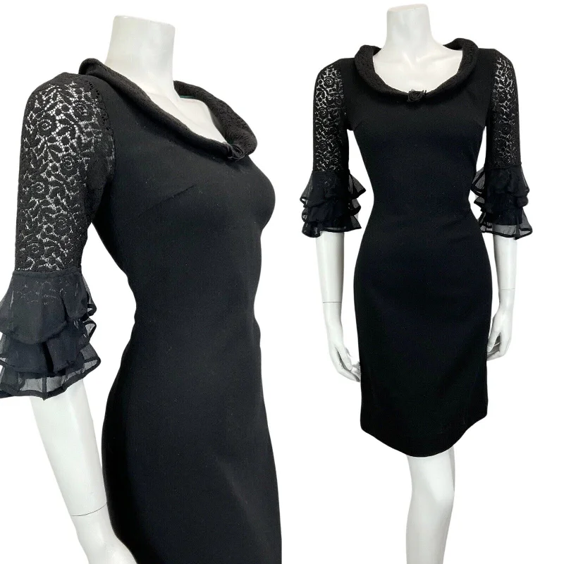 VINTAGE 60s 70s BLACK LACE RUFFLE MOD MINI PARTY CHRISTMAS EVENING DRESS 10 Pencil Office Professional VINTAGE 60s 70s BLACK LACE RUFFLE MOD MINI PARTY CHRISTMAS EVENING DRESS 10 Pencil Office Professional