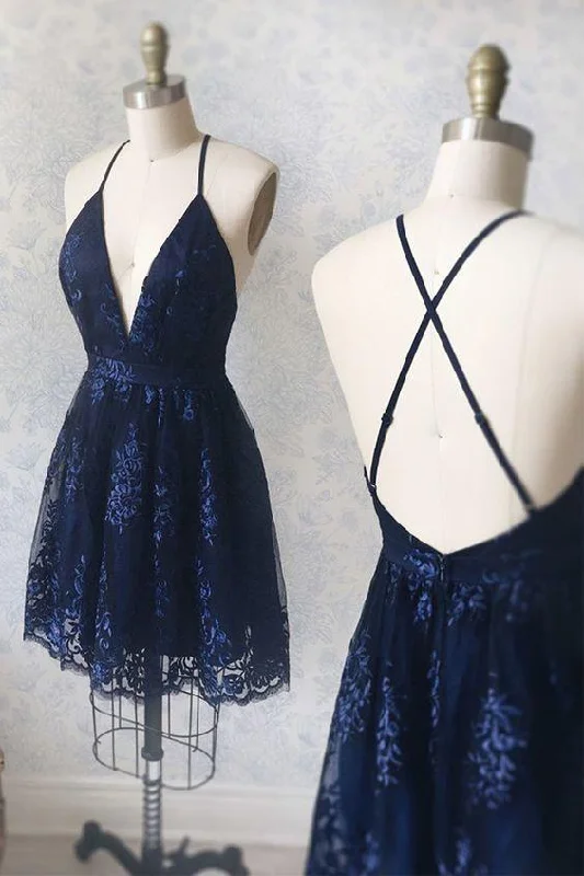 Navy Blue A-line Straps Homecoming Dress with Lace Appliques Cocktail Party Dress OKZ19 Tunics Print Colorful