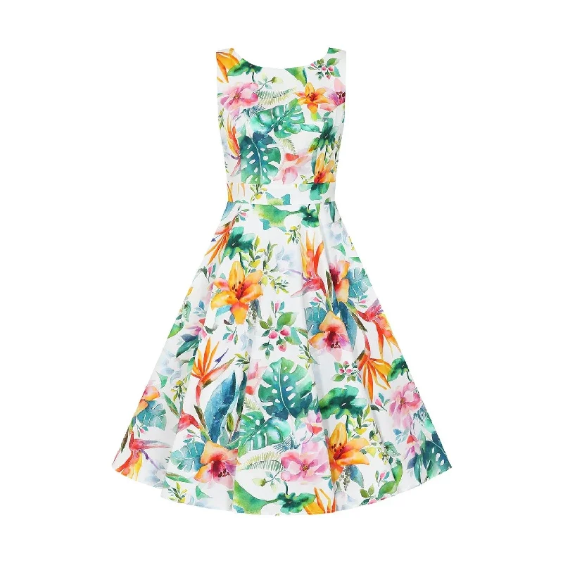 Tropical Print White Floral Summer Swing Party Dress Tunics Cozy soft