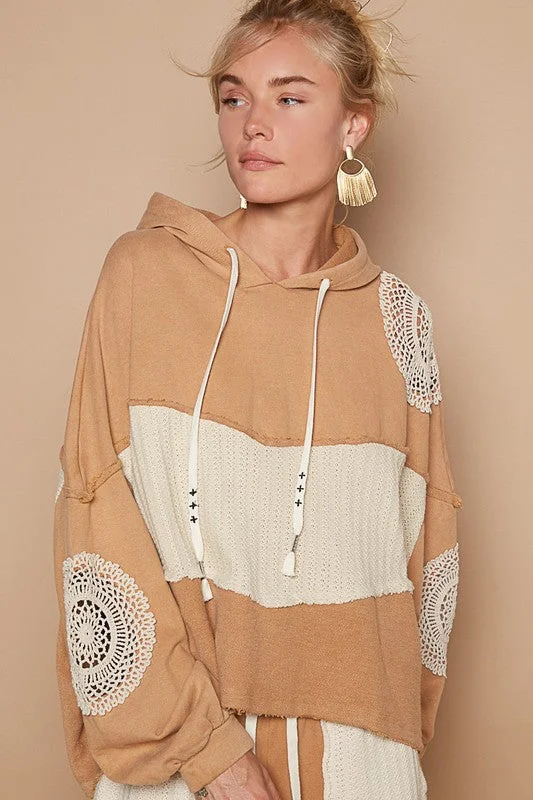 POL Openwork Contrast Dropped Shoulder Hoodie Hoodie with High Neck Warm Protective