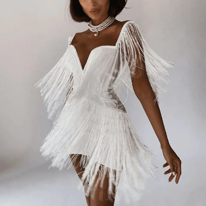 Celestial Chic Tassel Off Shoulder Mini Dress Fashionable Off-Shoulder Mini Dress