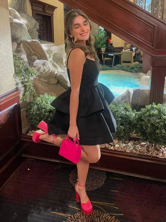 A-line Black Homecoming Dress,Short Party Dress  Y2069 Tunics Polka dots