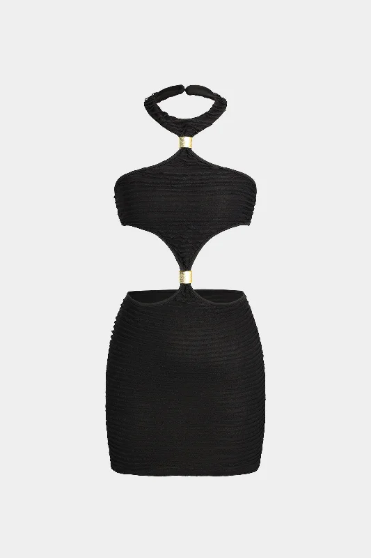 Metallic Bead Texture Backless Mini Dress Fashionable Lace-Trim Mini Dress