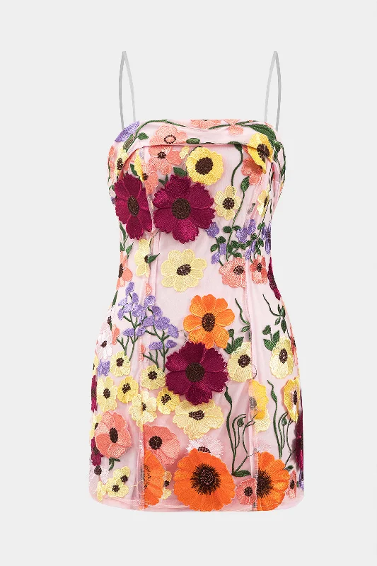 3D Floral Embroidery Zipper Slip Mini Dress Fashionable Off-Shoulder Mini Dress