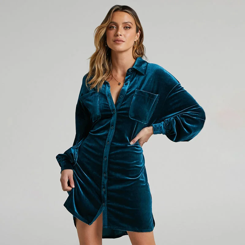 Women's Gold Velvet Shirt Style Lapel Balloon Sleeve Dress Tunics Versatile stylish