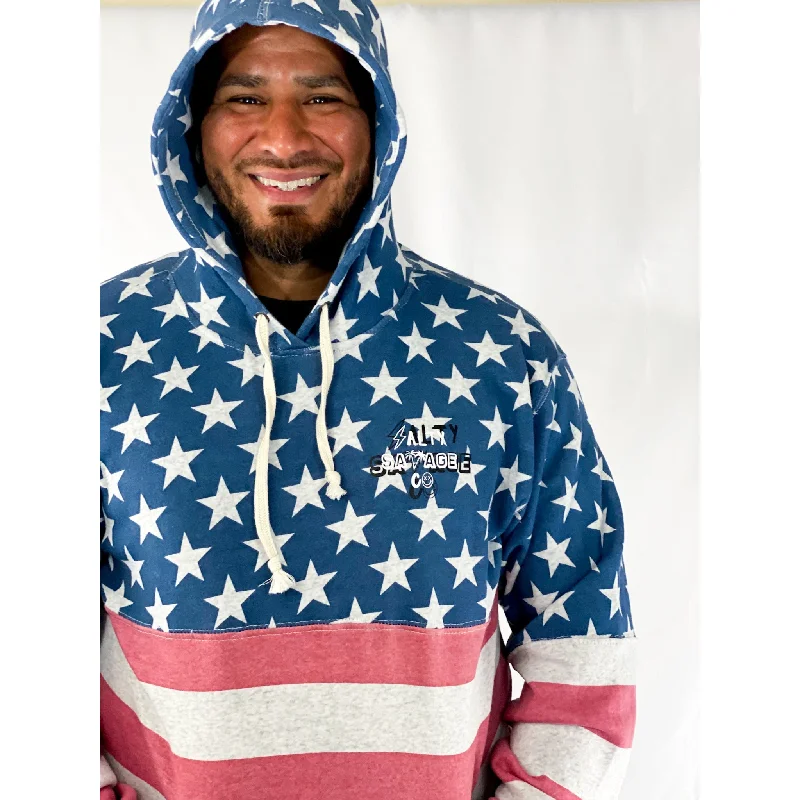 Salty Savage Unisex "90's Edition Logo" Stars and Stripes Lounge Hoodie | Basic | American Flag Hoodie Sweatshirt Pullover
