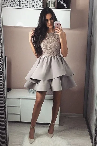 Bateau A Line Tiered Grey Satin Short Homecoming Party Dresses with Lace OKB40 Tunics Winter warm Bateau A Line Tiered Grey Satin Short Homecoming Party Dresses with Lace OKB40 Tunics Winter warm