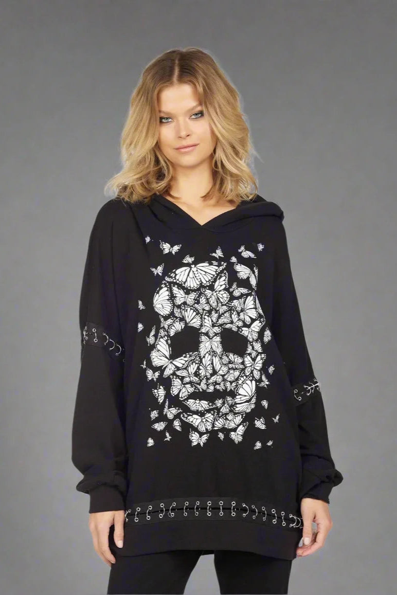 Lauren Moshi Samantha Butterfly Skull Burst Hoodie Hoodie with Side Slits Relaxed Casual