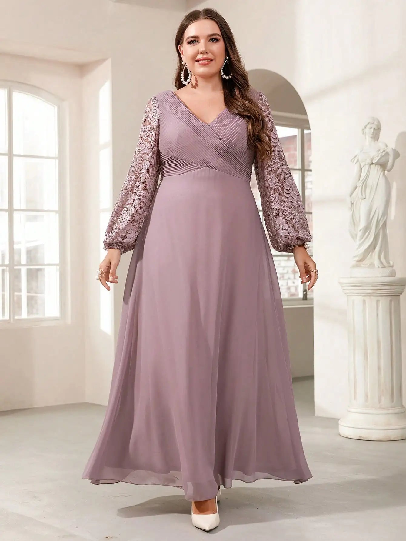 Plus Size Lace Long Sleeve Chiffon Evening Party Dress Tunics Chic fashionable