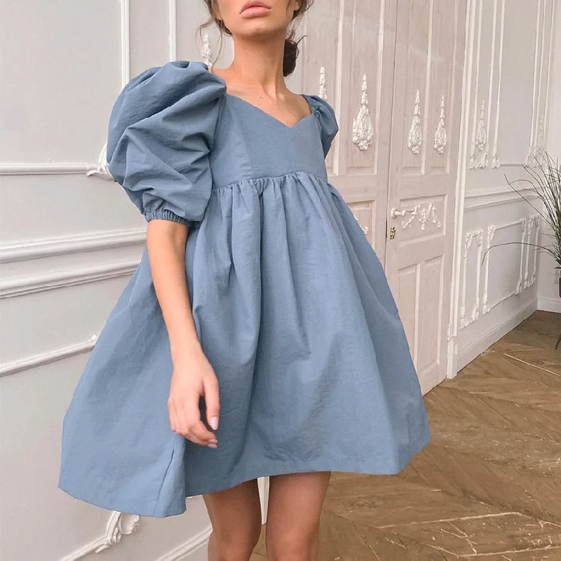 Elegant Square Collar Puff Short Sleeve Party Dress Tunics Cozy comfortable