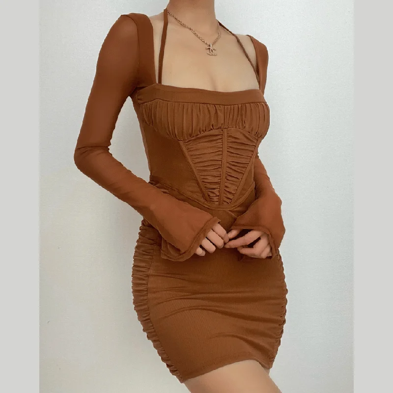 BerryBetty - Mesh long sleeve solid ruched halter zip-up mini dress Comfortable Shift Mini Dress