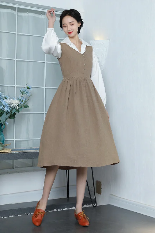 Spring Brown Long Sleeveless Linen Dress 3353 Tunics stripes playful